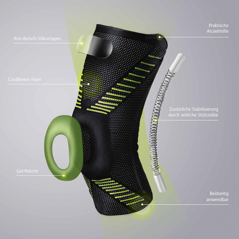 Black knee support with neon-green accents and a light-green gel pad. CoolBreeze fibre, non-slip silicone strips, side support rods, pull-on aid and can be worn on either leg. Provides relief and stabilisation.