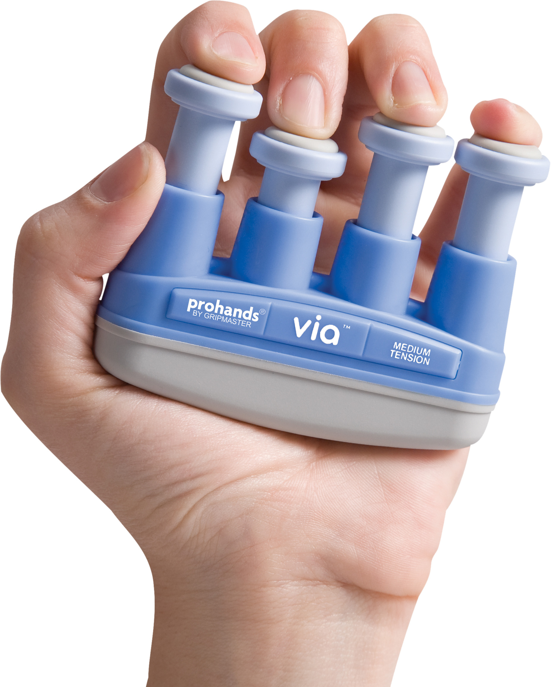 A hand is holding a blue-grey Prohands Via hand trainer, the four finger pistons of which are being pressed with moderate resistance. The device trains the muscles of the hand and fingers and improves dexterity, strength and speed.