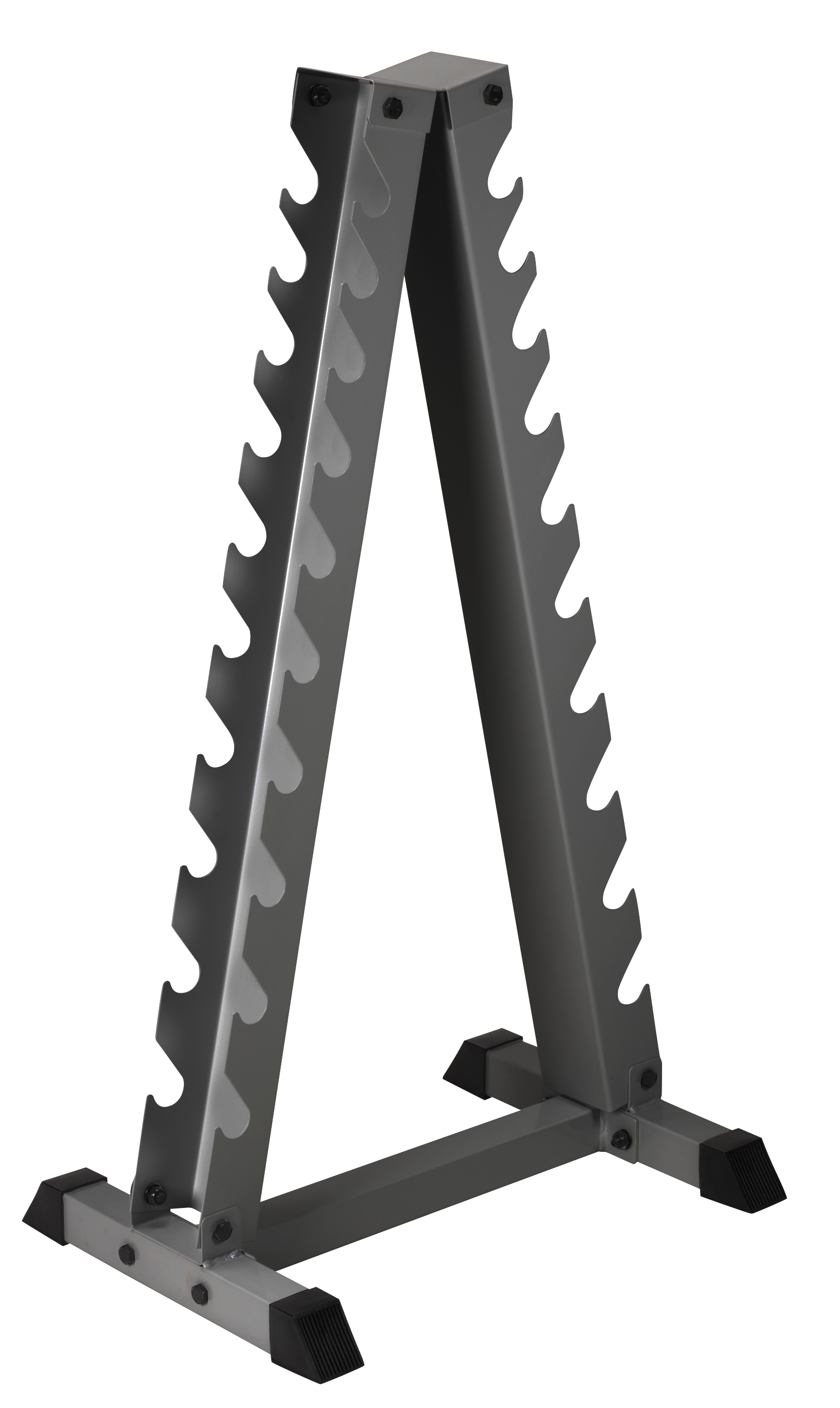 Support à haltères robuste gris argenté en A, pour ranger 10 paires d'haltères chromés. Il comprend 2 montants verticaux, chacun avec 10 supports incurvés, et une large base avec pieds antidérapants en caoutchouc.