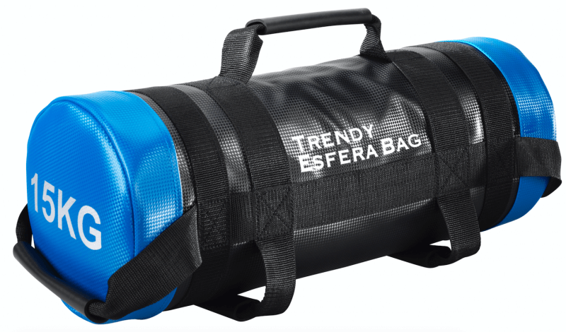 Black cylindrical Esfera weight bag with blue ends and white ‘15KG’ lettering. The body features the words ‘TRENDY ESFERA BAG’. This PVC training aid has several sturdy handles and loops for strength and cardio training.