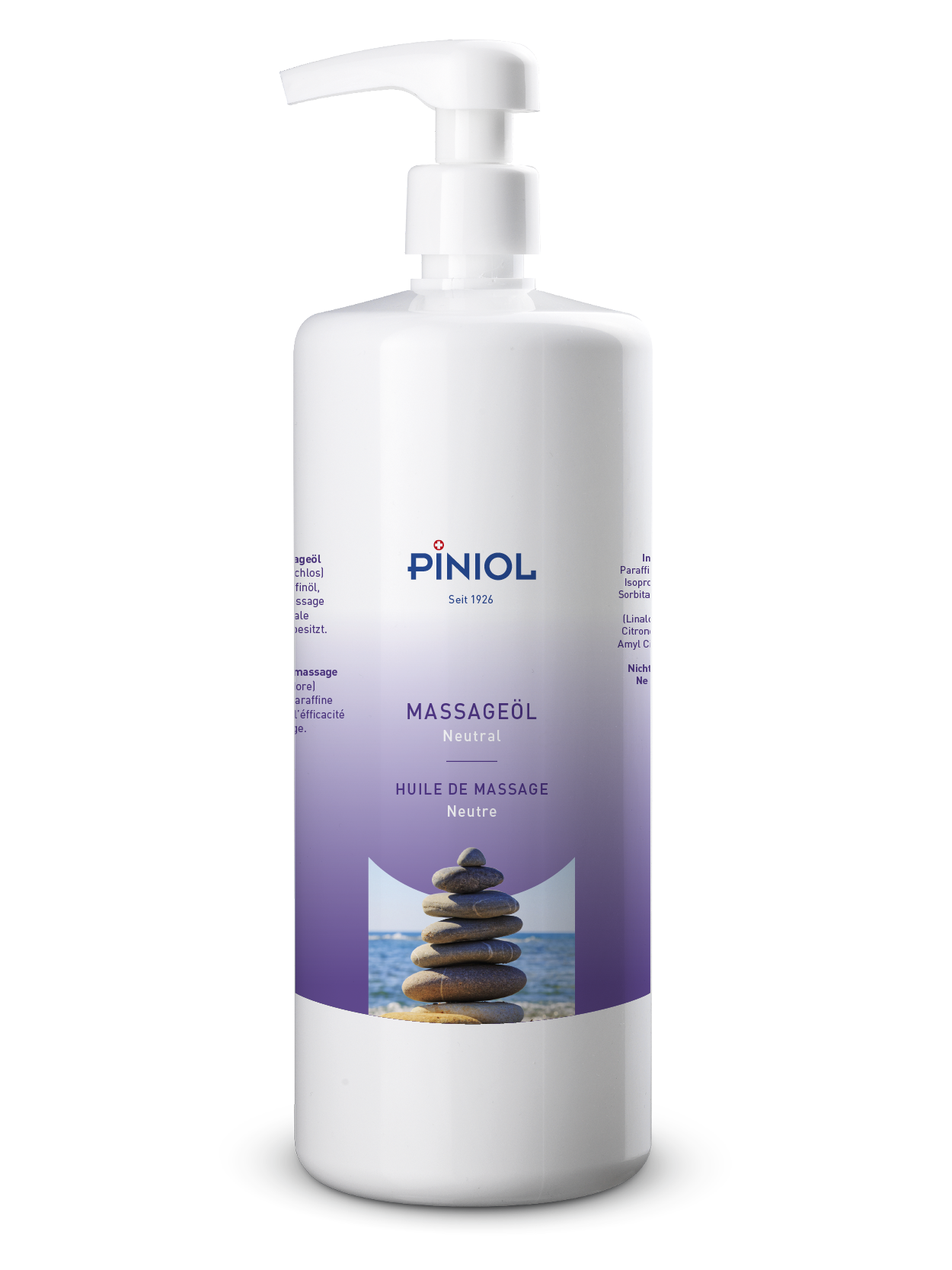 White 1-litre pump bottle of ‘ Piniol ’ Neutral Massage Oil, recognisable by its purple label featuring the brand logo and lettering. Relaxing motif: smooth stones on a seaside beach. Oil with intensely nourishing properties for massages.