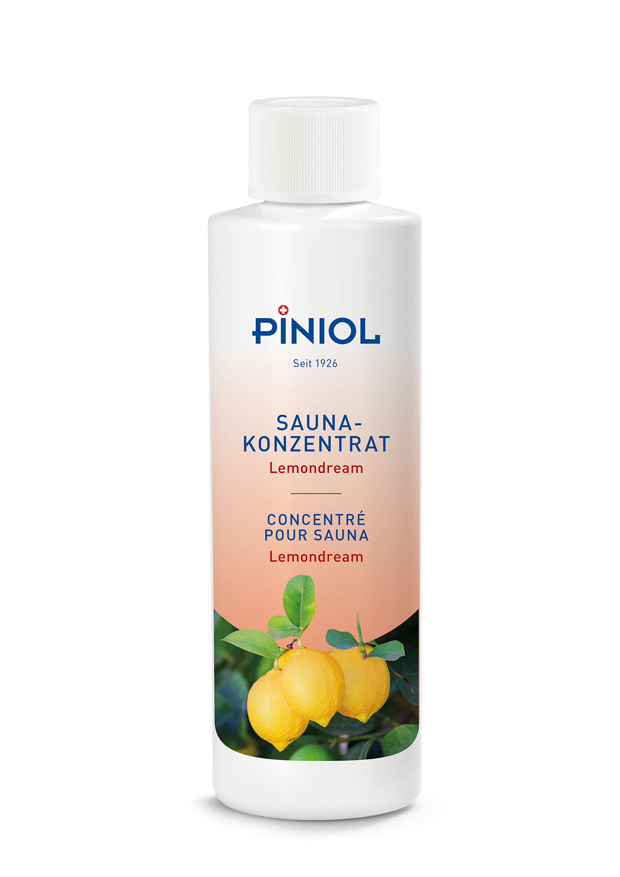 Bouteille blanche de concentré pour sauna « Lemondream » d'Piniol, sur fond clair. Étiquette arborant le logo d'Piniol et l'inscription « SAUNA-KONZENTRAT Lemondream » sur un fond rose. En bas, trois citrons jaunes accompagnés de feuilles vertes.