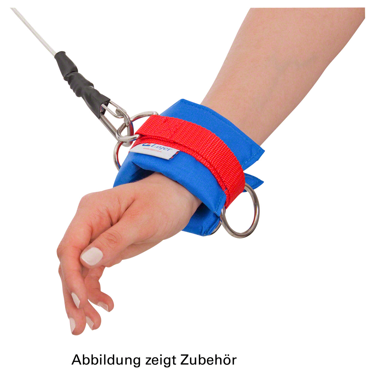 A padded blue strap is fastened around the wrist with a red tab. It is attached via silver metal rings to a rope that runs upwards to the left. The hand hangs loosely. For rope pull exercises.