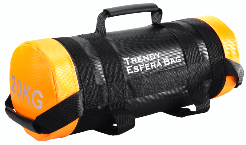Cylindrical black Trendy Esfera weight bag with bright orange ends. One end features ‘20KG’ in light grey. Several black fabric handles and carrying straps for strength and cardio training. White lettering: ‘TRENDY ESFERA BAG’.