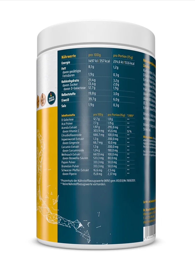 Pot cylindrique blanc PhytoProtect 450 g, vue de profil avant, étiquette jaune et bleue. L'étiquette indique tableau nutritionnel et ingrédients : protéines de pois/potiron, galactose, fibres d'acacia, gingembre, curcumine, encens. Fabriqué en Allemagne.