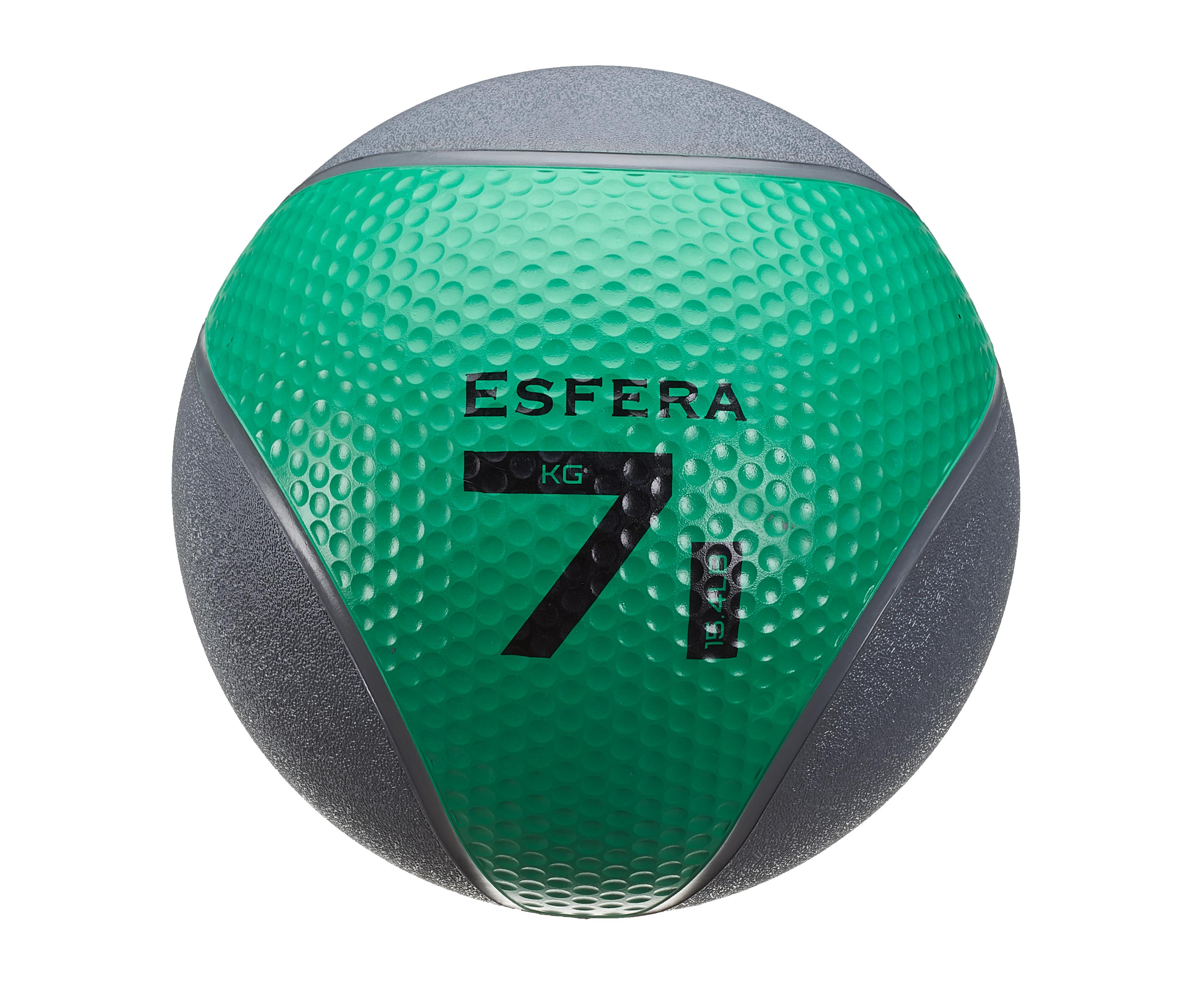 Ballon médicinal vert avec segments gris. Surface à picots vert vif avec « ESFERA » et « 7 kg » en noir. Zones grises légèrement rugueuses. Résistant, idéal pour musculation et rééducation, bonne prise.