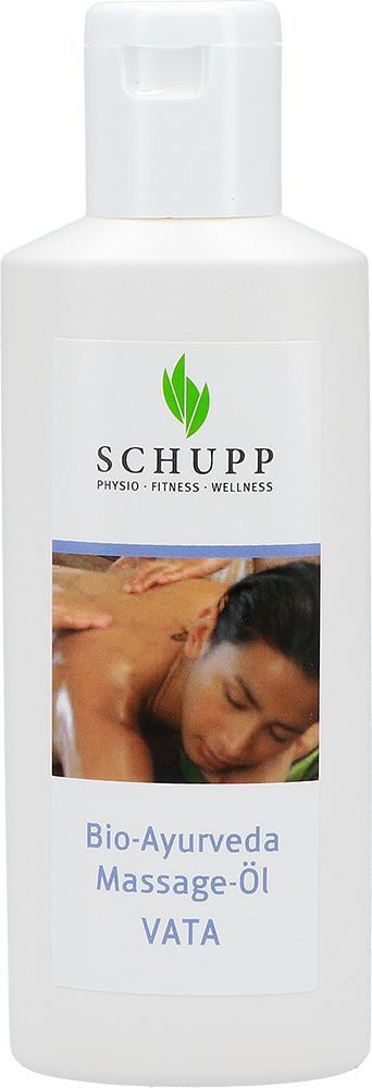 Una bottiglia bianca con tappo flip-top riporta l'etichetta dell'olio da massaggio ayurvedico biologico Vata. L'etichetta mostra un primo piano di una persona che riceve rilassata un massaggio Abhyanga alla schiena, con le mani che massaggiano l'olio.