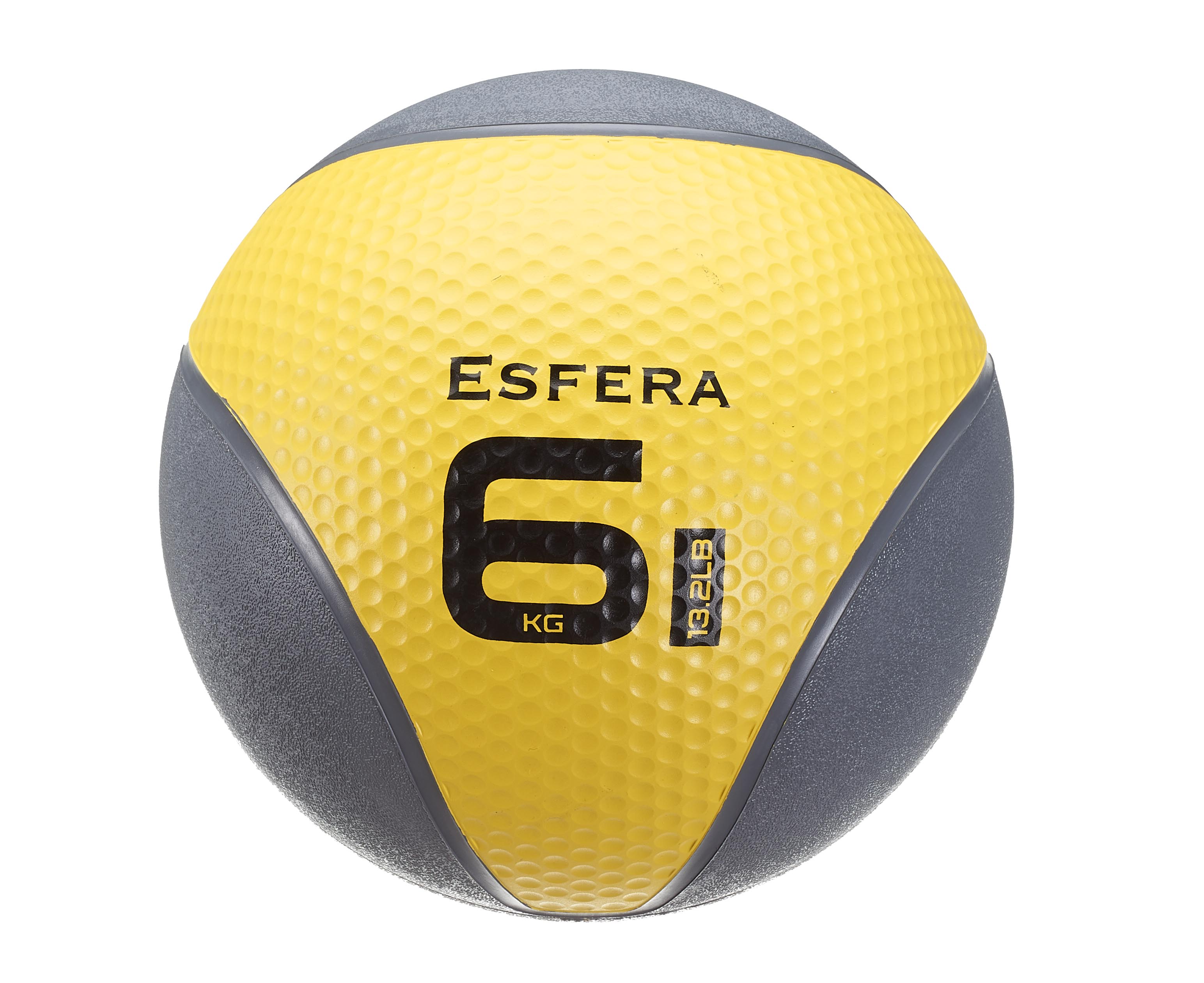 Ballon médicinal Esfera rond jaune, faces latérales grises. Surface texturée pour une bonne prise en main. Inscriptions noires : logo « ESFERA », poids « 6 KG » et « 13,2 LB ». Pour fitness et musculation.