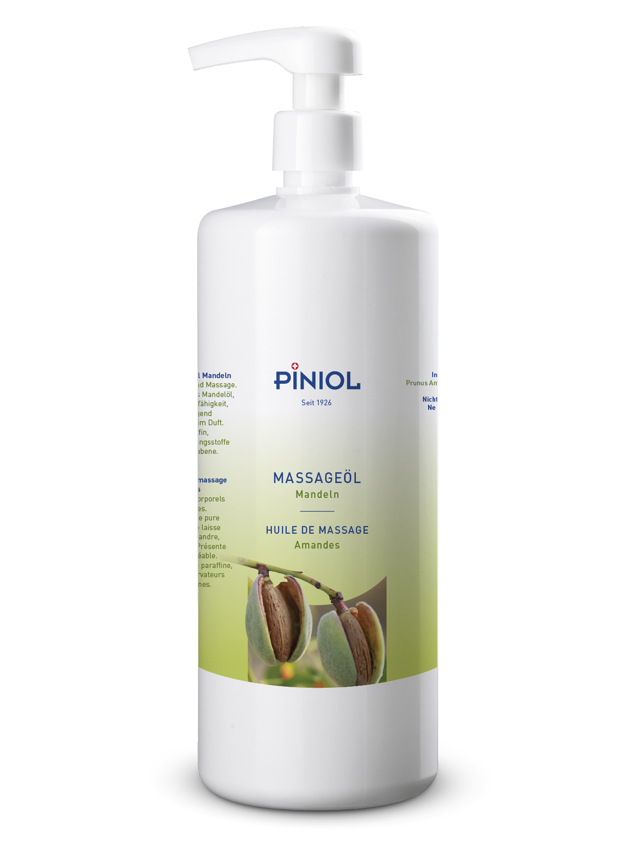 White pump dispenser bottle from Piniol containing almond massage oil. The green and white label reads ‘MASSAGE OIL Almonds’ and features two almonds on a branch, one with an open kernel. Nourishing for the skin, with good glide.