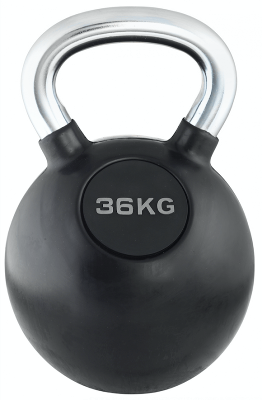 Kettlebell noire « Trendy Sport », 36 kg, boule ronde recouverte de caoutchouc avec poignée chromée brillante. Inscription «36KG» en lettres gris clair à l'intérieur d'un cercle sur le devant de la boule. Inscription en surbrillance sur fond blanc.