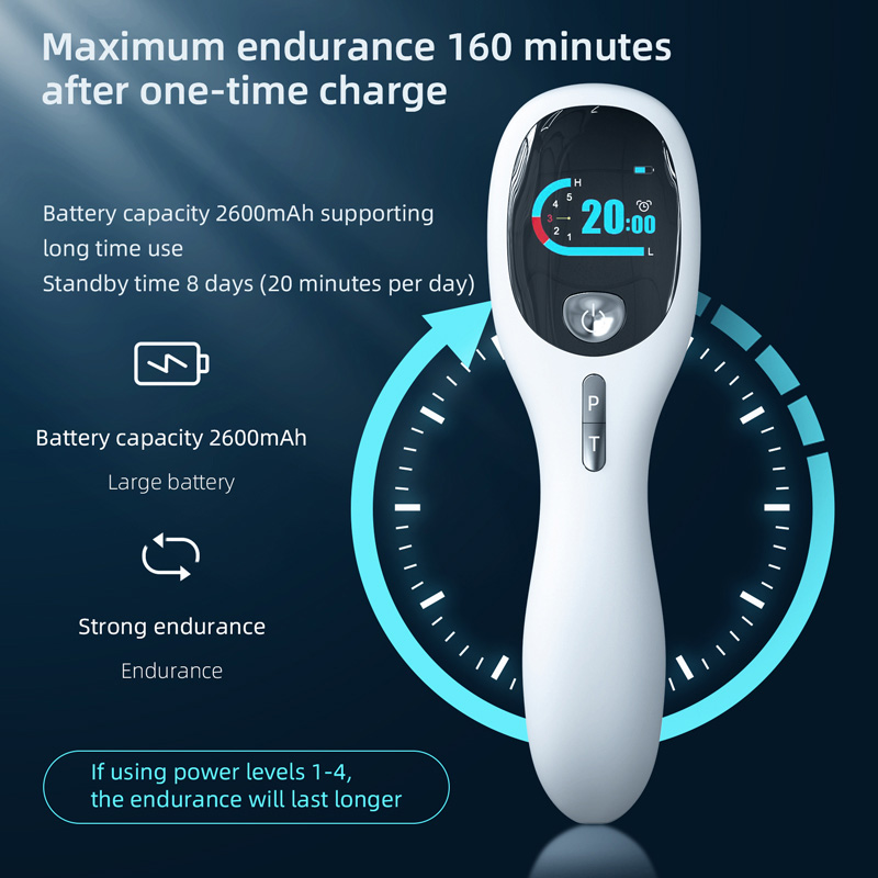 Dispositivo per terapia con luce rossa, bianco e maneggevole, con display nero (20:00 min., 5 livelli d’intensità). Autonomia batteria: max 160 min per ricarica, 2600 mAh e 8 giorni in standby con uso 20 min/die.