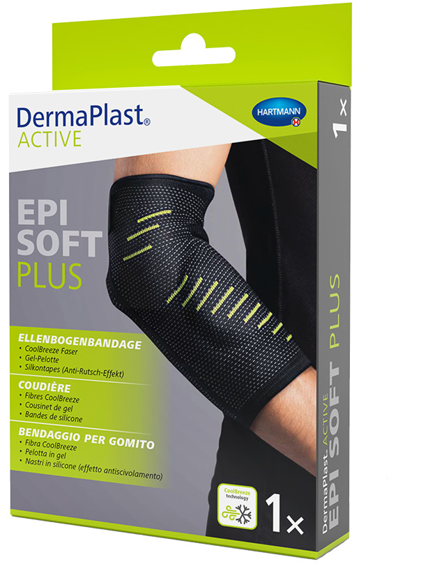 A black DermaPlast Active Epi Soft Plus elbow support on a bent arm, shown on the front of the product box. Yellow-green accents. The packaging displays the product name, logos and features such as the gel pad and CoolBreeze fibre.