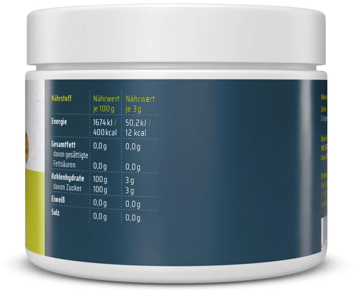 Boîte blanche « Dr. Mosetter Prinzip D-Tagatose » de profil, étiquette bleue et tableau nutritionnel visible. Valeurs : énergie, lipides, glucides (dont sucres), protéines et sel, pour 100 g et par portion (3 g).