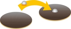 Illustration showing the placement of a silver titanium ball on round, dark grey Phiten Power Tape. A yellow arrow indicates the movement from an empty strip of tape to one with the ball in place, illustrating the application and positioning.