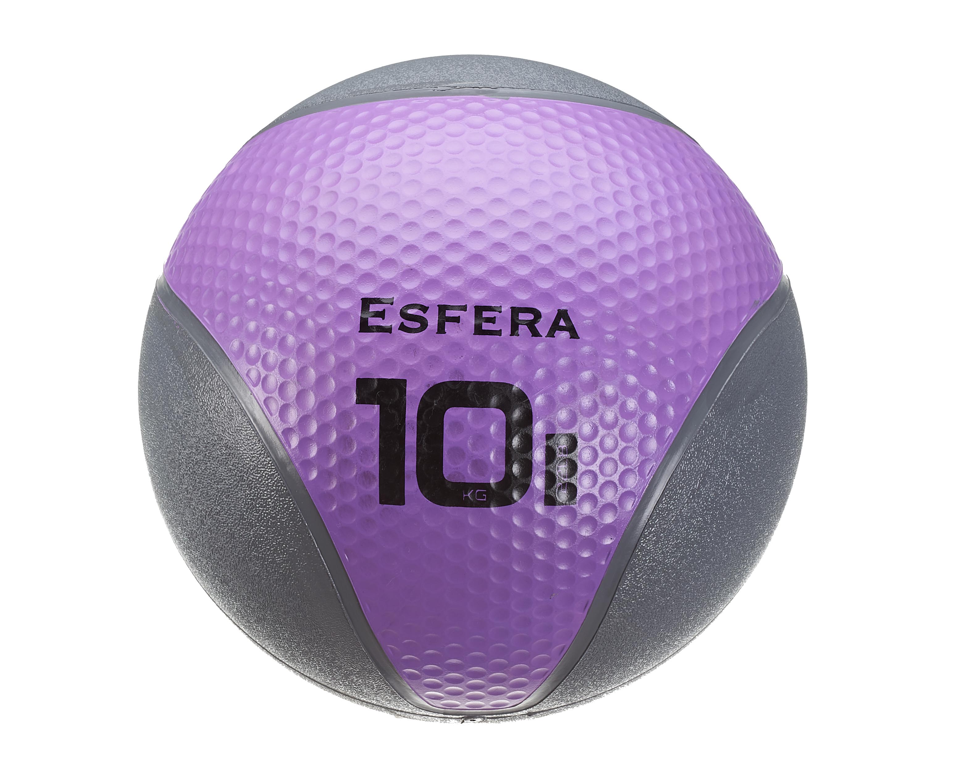 Ballon médicinal Esfera rond, violet, doté d'une surface texturée et antidérapante, avec des bandes grises en haut et en bas. Inscription : « ESFERA » et « 10 KG ». Idéal pour des exercices de fitness et de musculation variés.