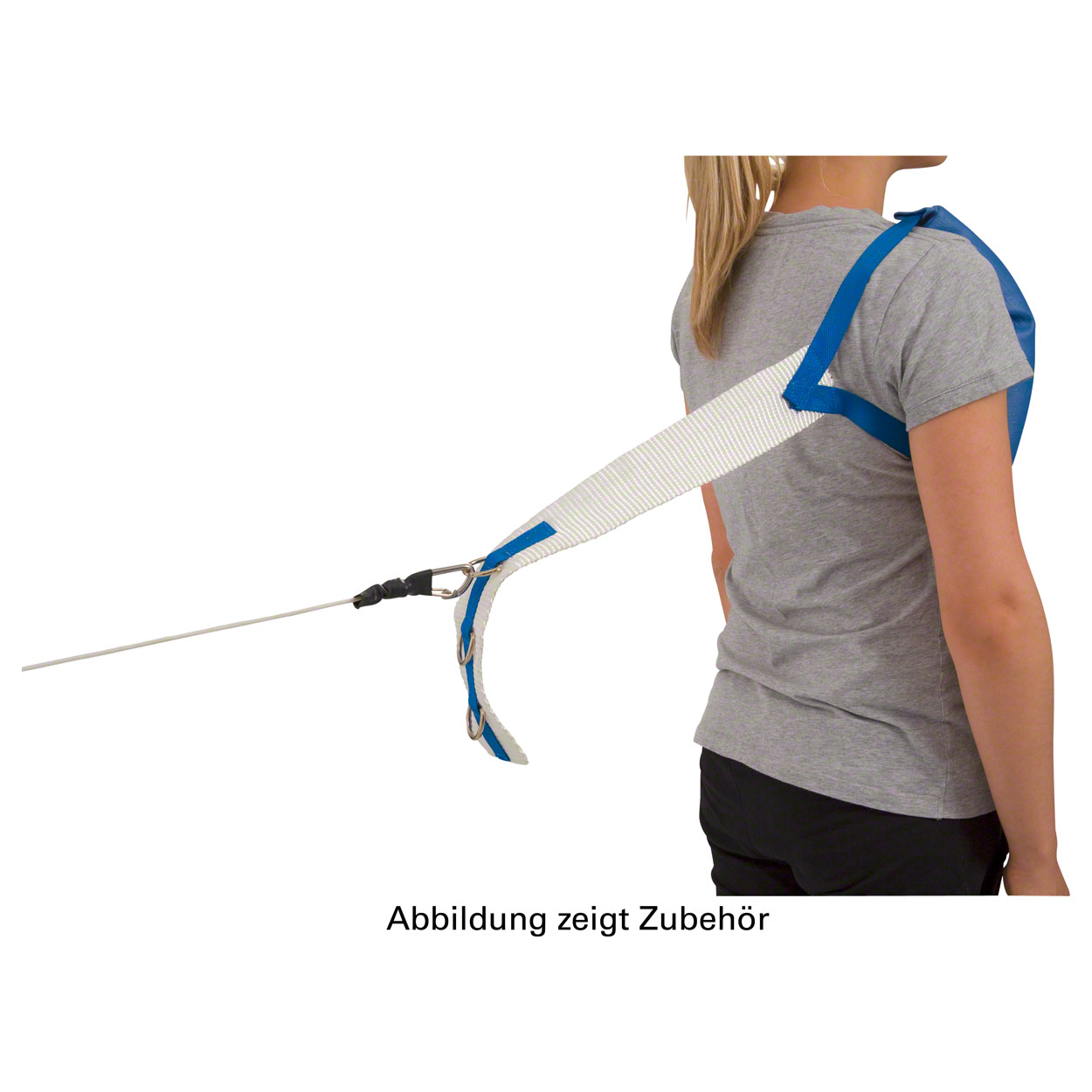 A person, seen from behind, is wearing a blue shoulder strap, attached to a metal rod (cable) by a white textured strap. The padded strap wraps around the right shoulder and is secured by eyelets and a carabiner.