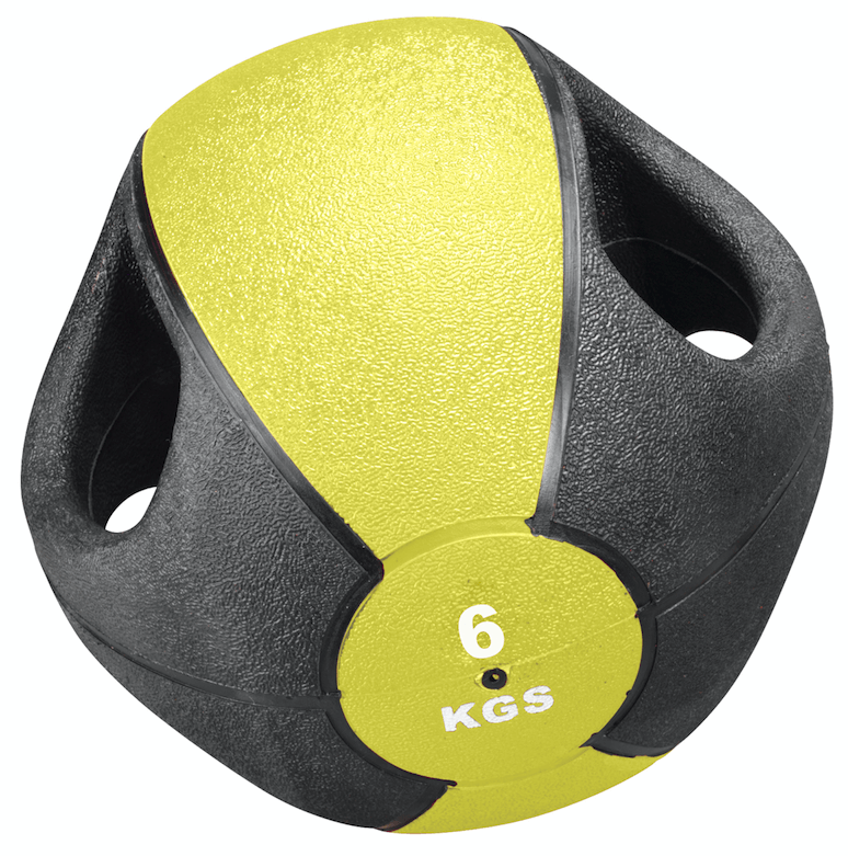 Ballon médicinal Esfera tendance, noir et jaune vif, avec surface à picots et deux poignées intégrées pour une prise optimale. Sur la partie jaune, inscription blanche « 6 KGS » indiquant le poids et valve à aiguille.