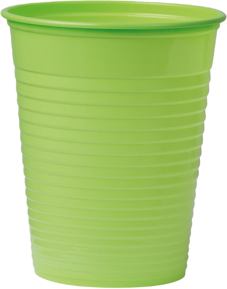 Leuchtend lindgrüner Einweg-Kunststoffbecher von Unigloves (180 ml), aufrecht stehend. Mit umlaufenden, horizontalen Rillen für Griffigkeit und Stabilität sowie abgerundetem Rand oben. Ideal als Mundspülbecher.