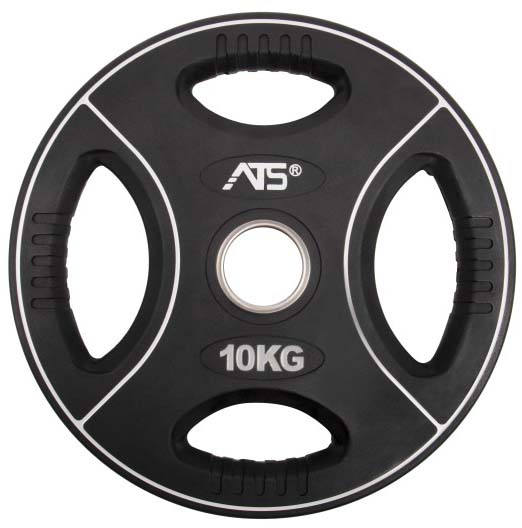 Disco nero con superficie opaca e quattro impugnature antiscivolo. Recante la scritta "10 kg" in bianco, con anello argentato al centro per l'inserimento sul bilanciere. Rivestimento in poliuretano: resistente all'abrasione e ai graffi.
