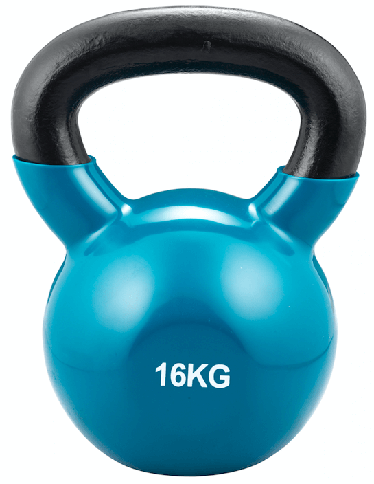 Kettlebell turquoise avec revêtement en vinyle brillant et poignée moulée noire robuste et texturée. L'inscription « 16KG » figure en lettres blanches sur la face avant. Convient à la musculation, au fitness, à la souplesse et à la coordination.