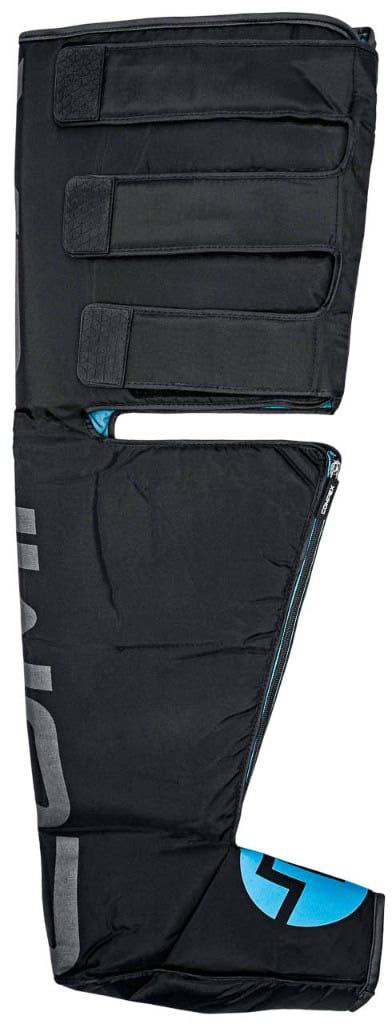 Black ‘ Compex ’ Ayre compression boots, shown vertically and slightly open. Visible air chambers for dynamic compression, three wide Velcro fastenings at the top. Light blue zip on the inside, turquoise logo on the ankle.