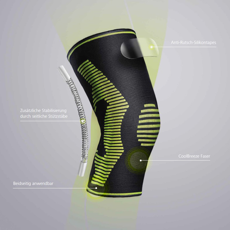 Black knee support with light green stripes at the knee. Features side support rods for added stability, non-slip silicone strips along the top edge and breathable CoolBreeze fibre fabric for cool comfort. Can be worn on either side.
