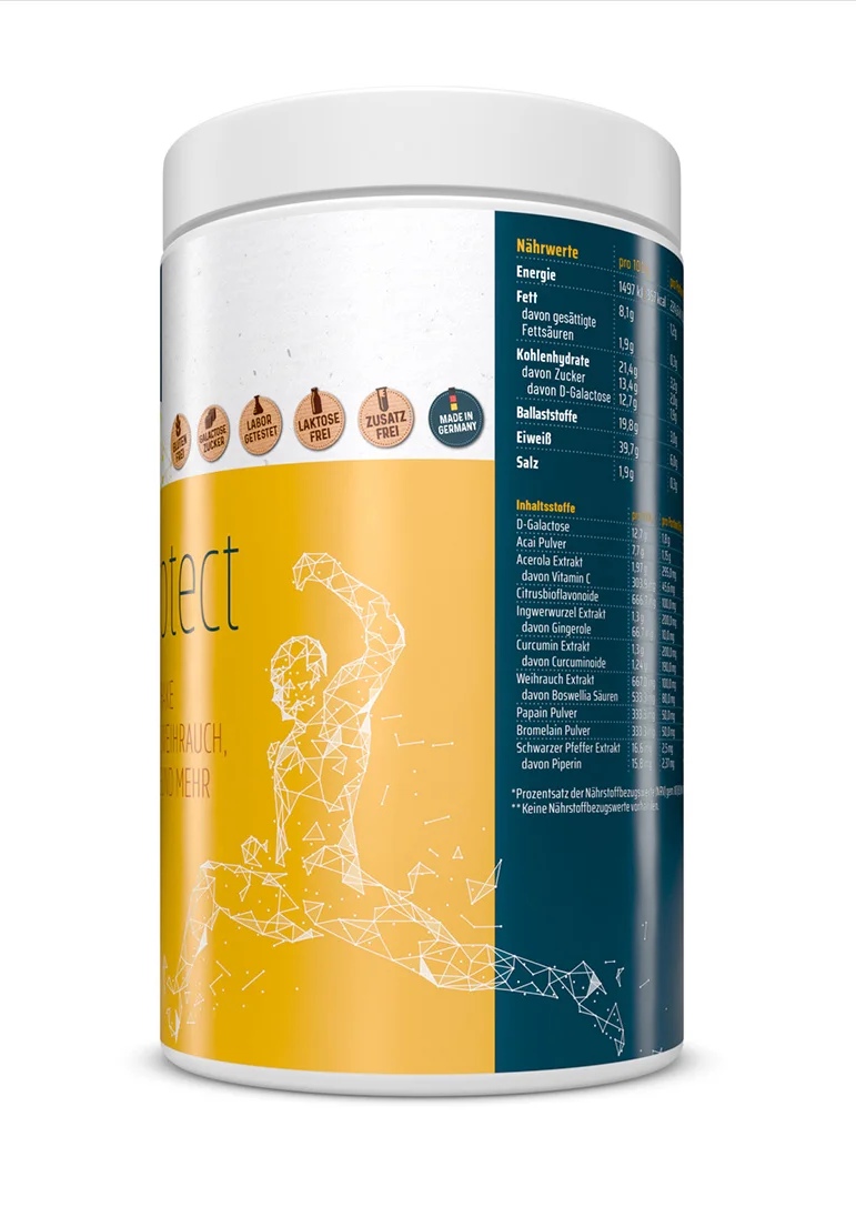 PhytoProtect dose, étiquette jaune/bleue. Icônes : sans gluten ni lactose, testé en laboratoire, fabriqué en Allemagne. Ingrédients : notamment protéines de pois et de potiron, galactose, extraits végétaux.