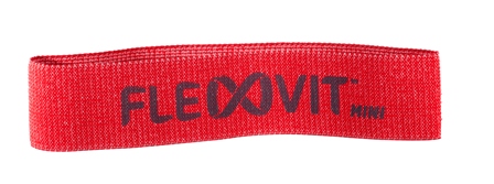 Bande de résistance FLEXVIT Mini rouge tissée sur fond blanc. Tissu finement texturé avec le logo FLEXVIT en couleur foncée, le symbole de l'infini en X et la mention « MINI ». Élastique textile pour entraînement et rééducation.