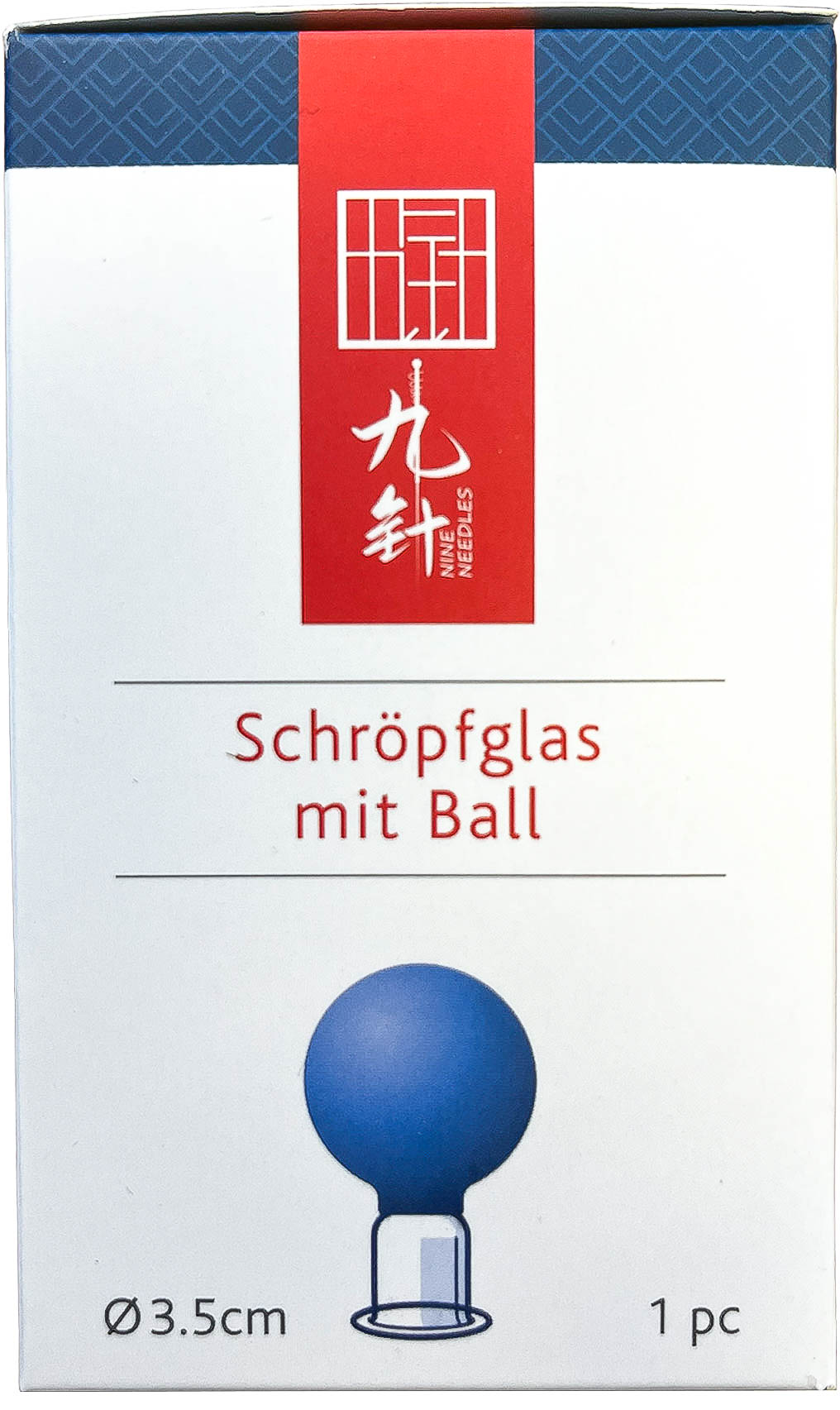 Emballage blanc pour une ventouse « Nine Needles » avec boule. En haut, ruban rouge avec logo et nom du produit en rouge. En dessous, boule bleue avec embout en verre transparent. À gauche « Ø 3,5 cm », à droite « 1 pc ».