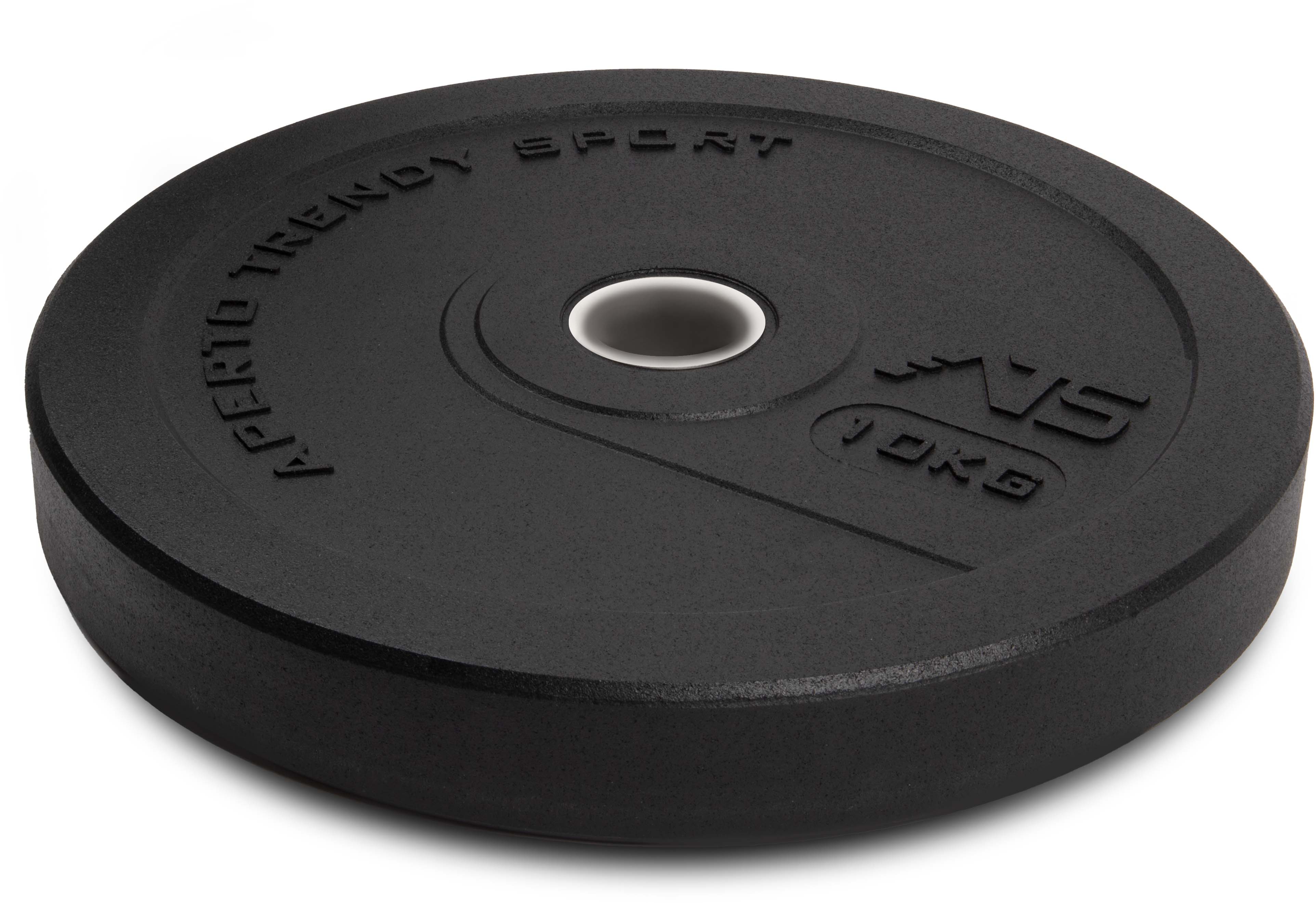 Disque noir Trendy Sport sur fond blanc. Bumper Plate robuste, anti-rayures et silencieux, en granulés de caoutchouc recyclés. Inscriptions en relief «Aperto Trendy Sport» et «10 kg» sur côtés/dessus. Ouverture centrale.