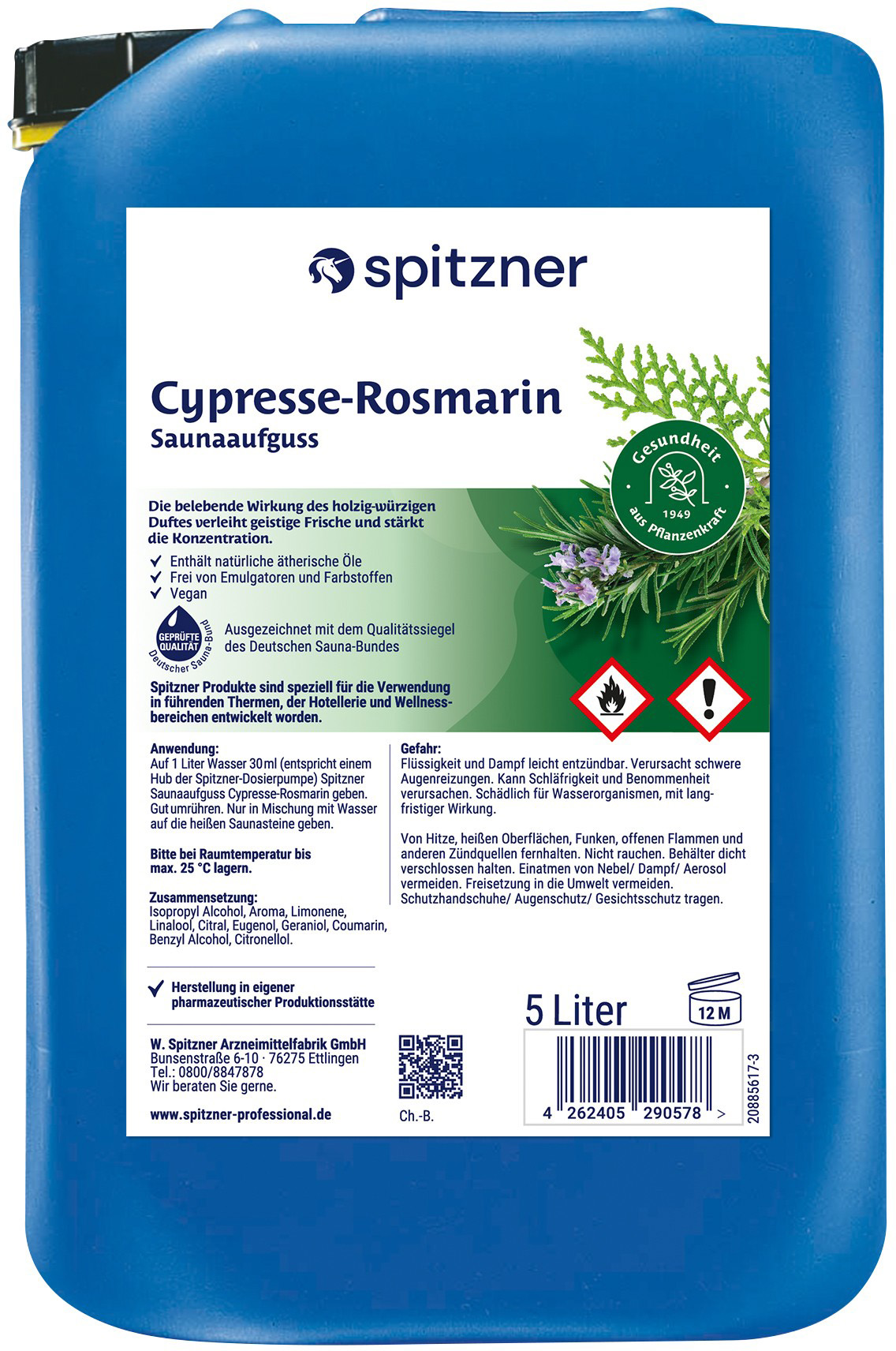 Bidon bleu 5 L Spitzner : infusion sauna cyprès/romarin. Étiquette avec mode d'emploi, avertissements et label sauna allemand. Renforce les défenses immunitaires.