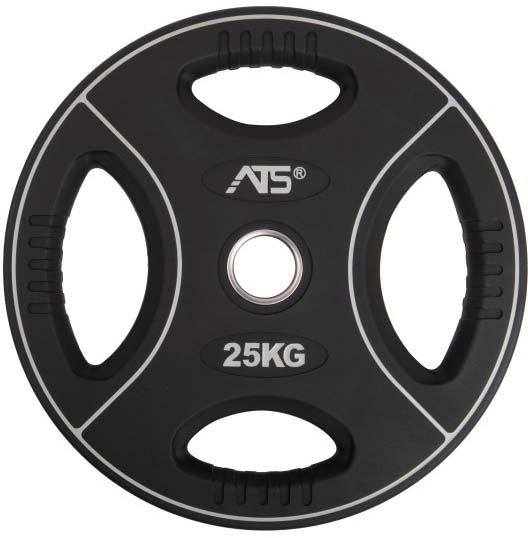 Disco da pesi nero di forma rotonda con quattro impugnature ergonomiche antiscivolo e apertura metallica per il bilanciere. Scritta «25KG» e logo «ATS®» in bianco. Superficie opaca con sottili linee grigie sul bordo.