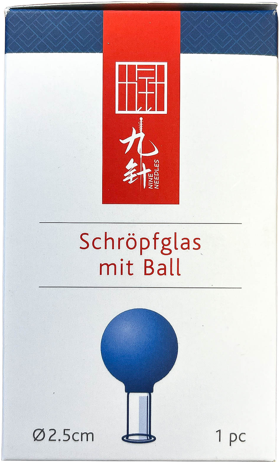 Emballage de la ventouse « Nine Needles » avec une ventouse bleue et une base transparente. En haut, logo rouge et nom du produit « Ventouse avec ventouse ». Illustration centrale de la ventouse bleue (2,5 cm), avec la mention « 1 pc » à côté.