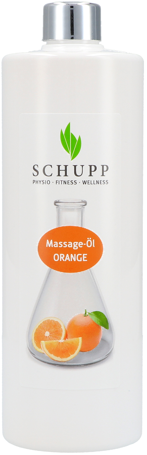Flacone bianco con tappo argentato, contenente olio da massaggio. Etichetta: «Schupp PHYSIO FITNESS WELLNESS» sotto il logo con la foglia verde. Illustrazione di un matraccio Erlenmeyer con un’arancia, una foglia e 2 fette. «Olio da massaggio ARANCIA».