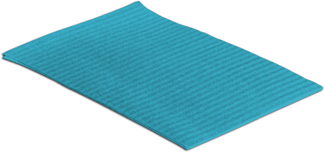 Hellblaue Einmal-Patientenserviette, leicht gewölbt auf weissem Hintergrund. Rechteckige Oberfläche mit feinem diagonalen Rillenmuster für strukturierte Optik und Saugfähigkeit. Einseitig PE-beschichtet, 33 x 45 cm.