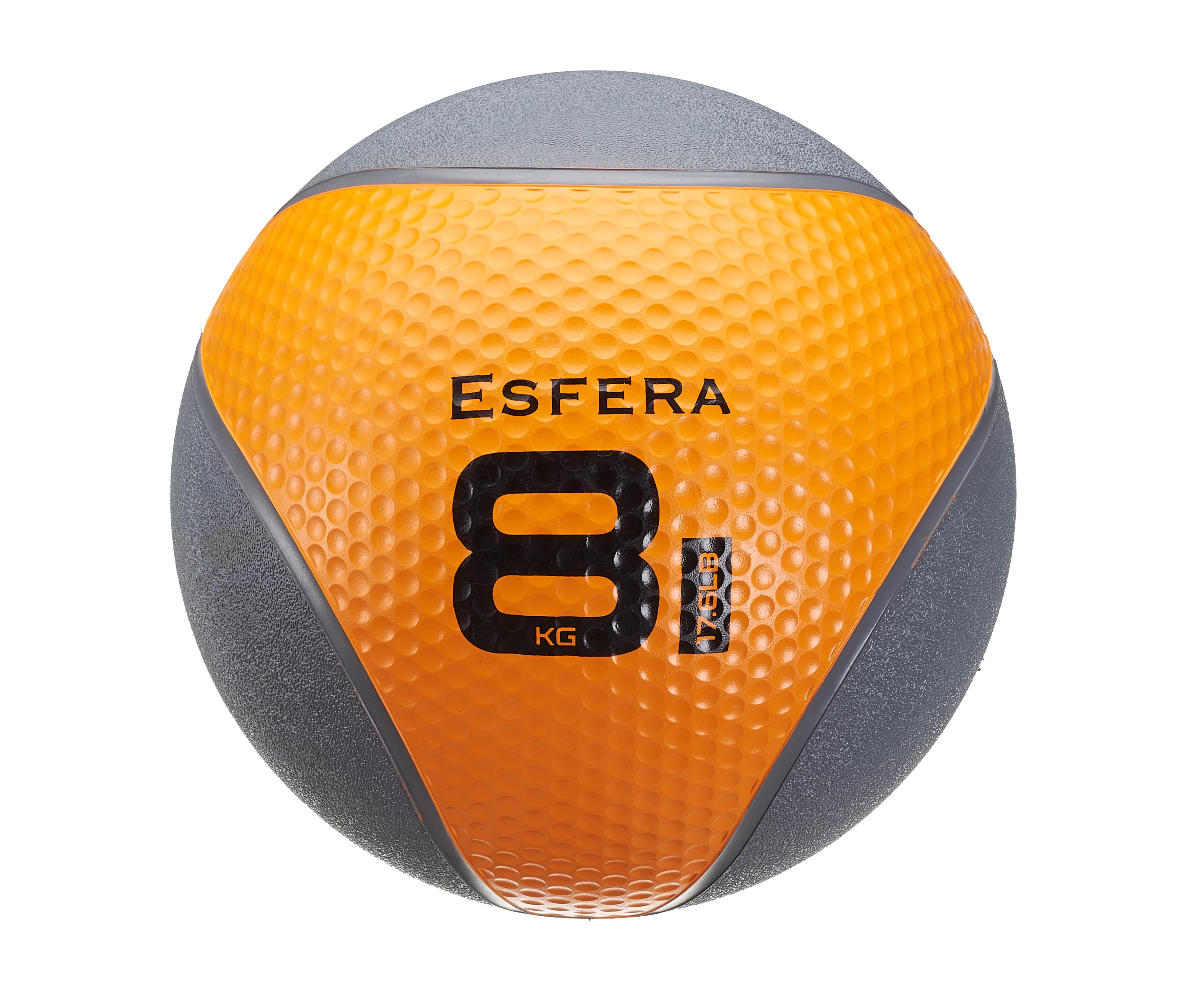 Ballon médicinal Esfera rond, orange et gris, avec une surface à picots. La partie centrale orange présente une texture antidérapante, tandis que les segments supérieur et inférieur sont lisses et gris foncé. Inscriptions « ESFERA » et « 8 KG » en noir.