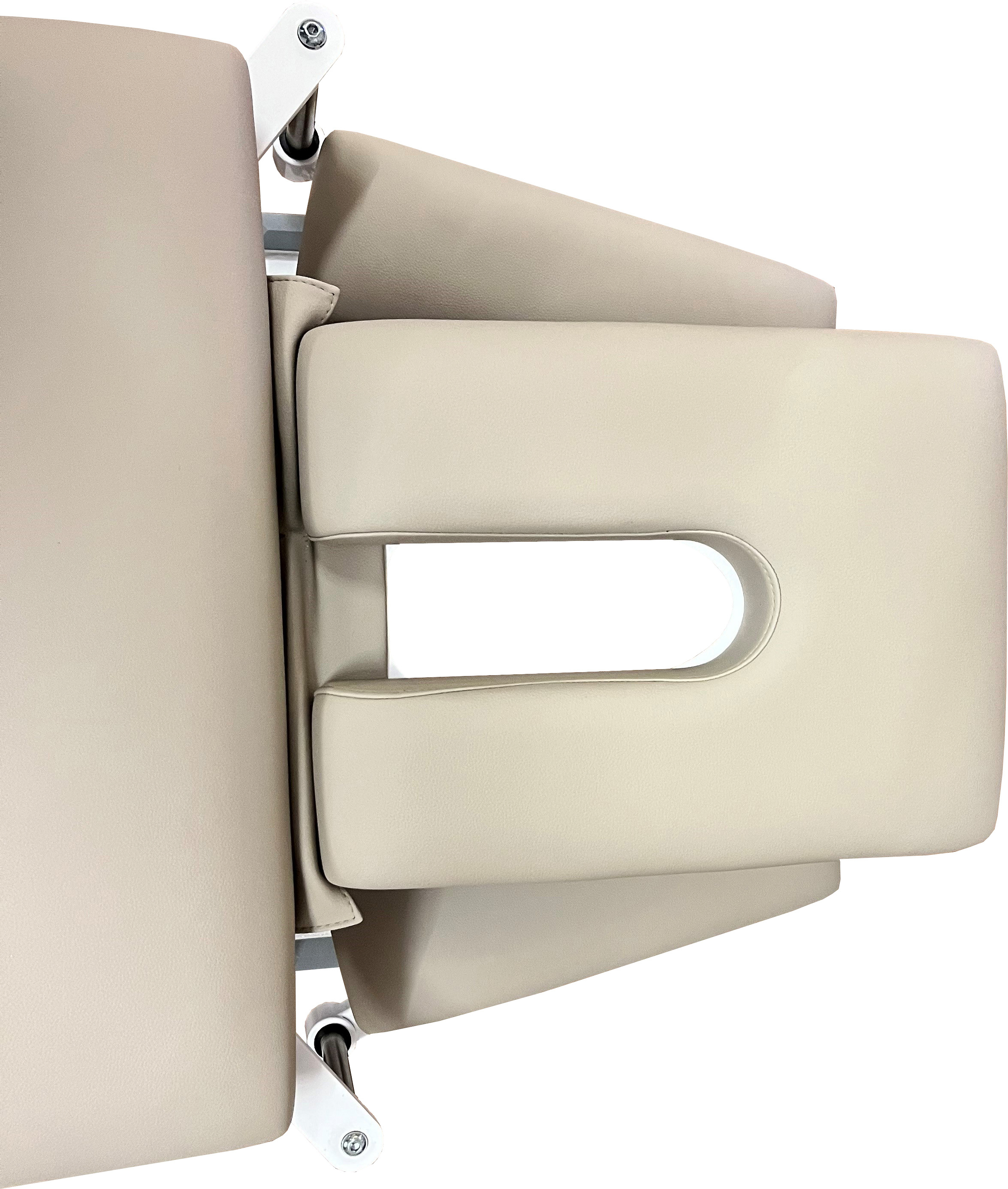 Detailed view of a light beige Limburg Basis 3 treatment couch, focusing on the headrest. Shows the ergonomic U-shaped face recess, upholstered in Toronto birch. On the left are silver controls for height and tilt adjustment.
