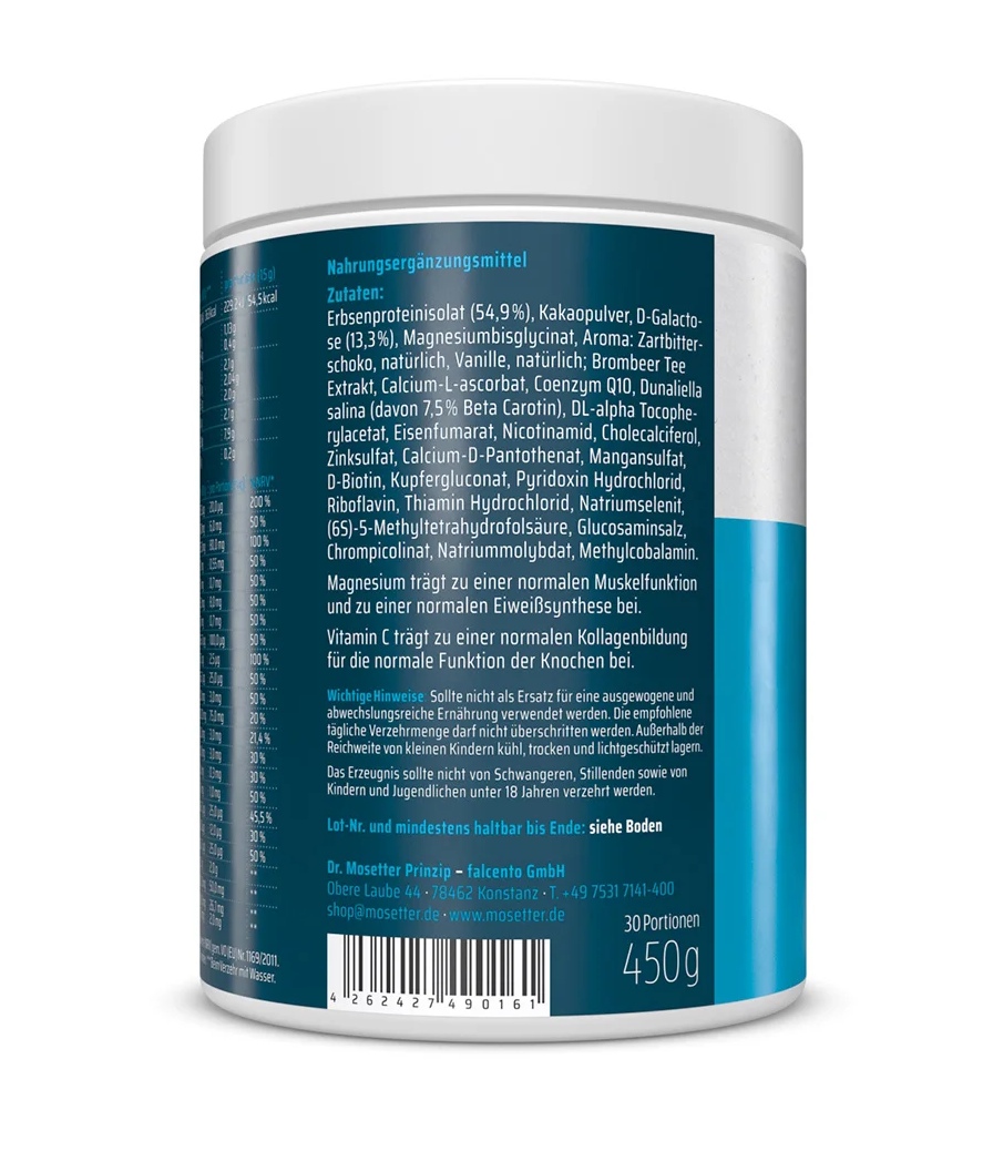 Dos d’un pot blanc Essentia Shake. Étiquette : ingrédients (protéines de pois, D-galactose), tableau nutritionnel, conseils et avertissements. Fabricant : Dr. Mosetter Prinzip. 450 g/30 portions, code-barres.