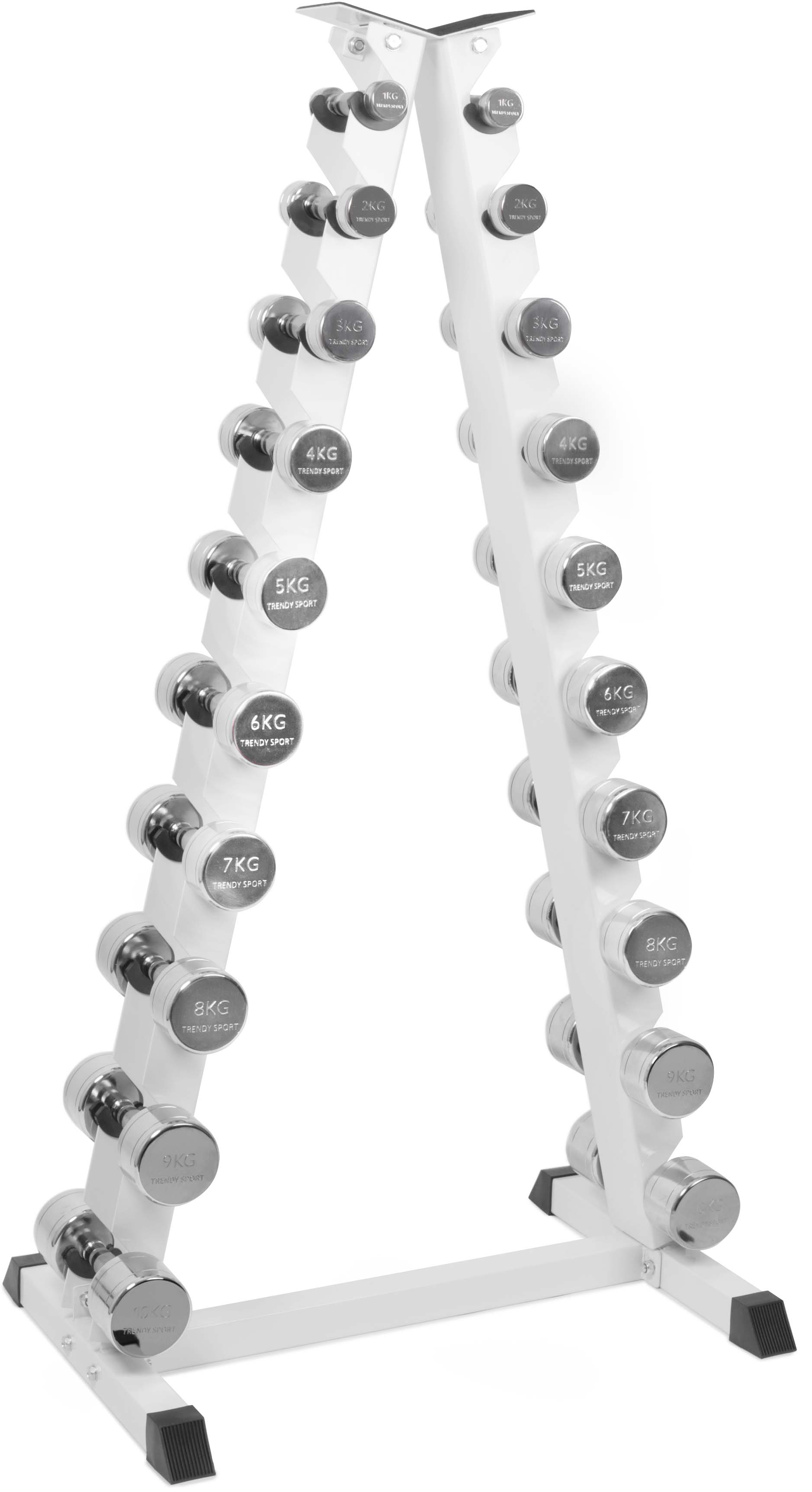 Support à haltères blanc en A avec 20 haltères chromés. Par paires de 1 à 10 kg, marqués « KG » et « Trendy Sport ». Extrémités arrondies, barres bonne prise. Support avec pieds antidérapants.