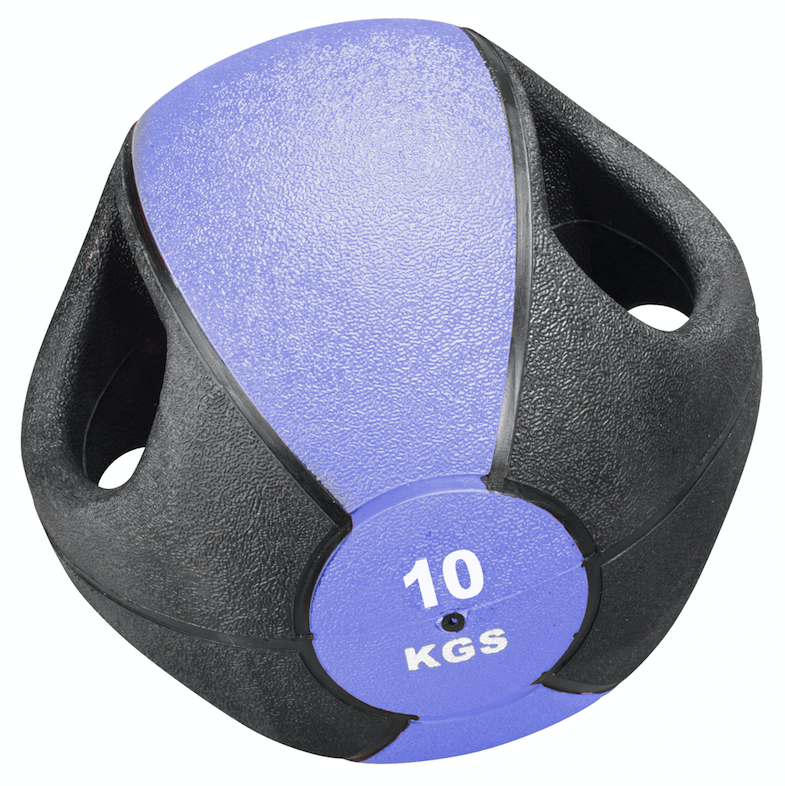 Ballon médicinal violet et noir doté d'une surface à picots et de trois poignées intégrées pour une prise en main sûre. Au centre, l'indication de poids « 10 KGS » est visible sur fond violet. Pour la musculation et les exercices de rééducation.