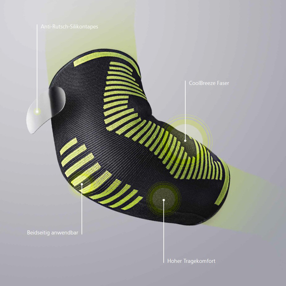 Black DermaPlast Active Epi Soft Plus elbow support with neon-yellow stripes, worn on the elbow. Features anti-slip silicone strips, CoolBreeze fibres and a high level of comfort. Can be worn on either arm, providing compressive support.