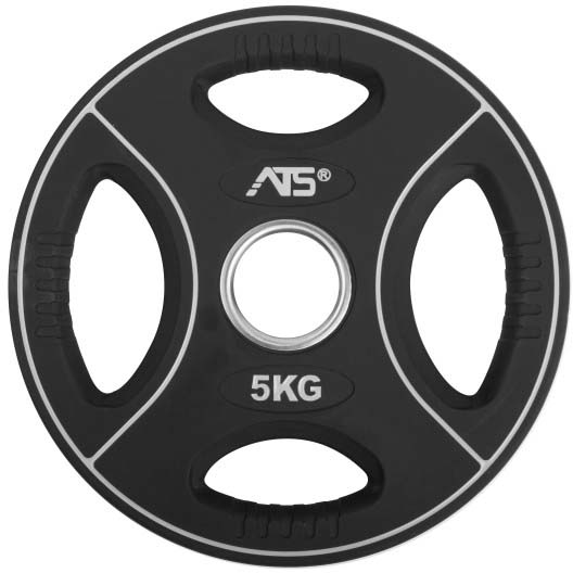 Disco da 5 kg rotondo, nero opaco, con quattro fori di presa e linee decorative grigie. Al centro, attacco argentato per bilancieri. Logo ATS bianco, con la scritta «5KG» sotto. Ideale per l'allenamento della forza e la fisioterapia.