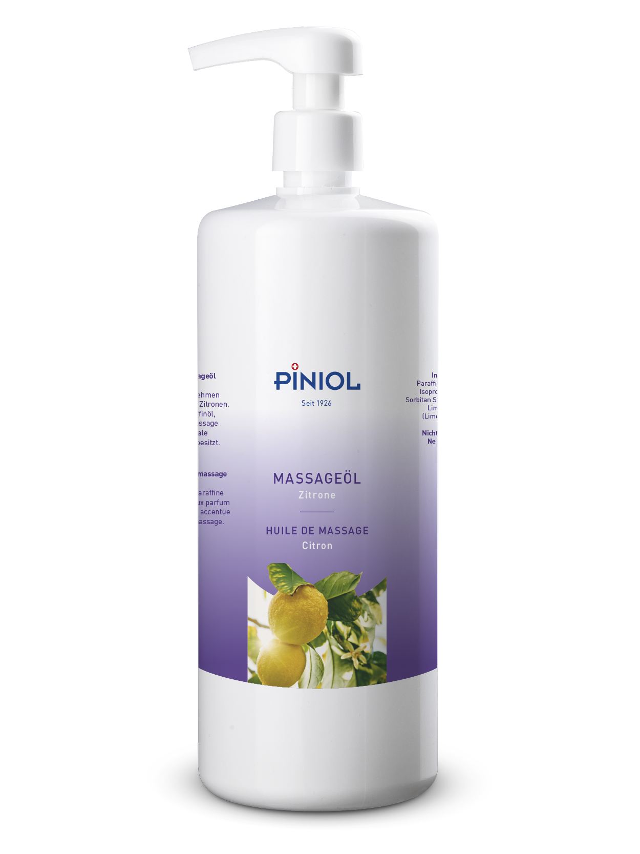 A large, white ‘ Piniol ’ massage oil bottle with a pump dispenser against a light-coloured background. Label bearing the words ‘MASSAGE OIL Lemon’ and an illustration: two yellow lemons with green leaves and white blossoms on a purple background.