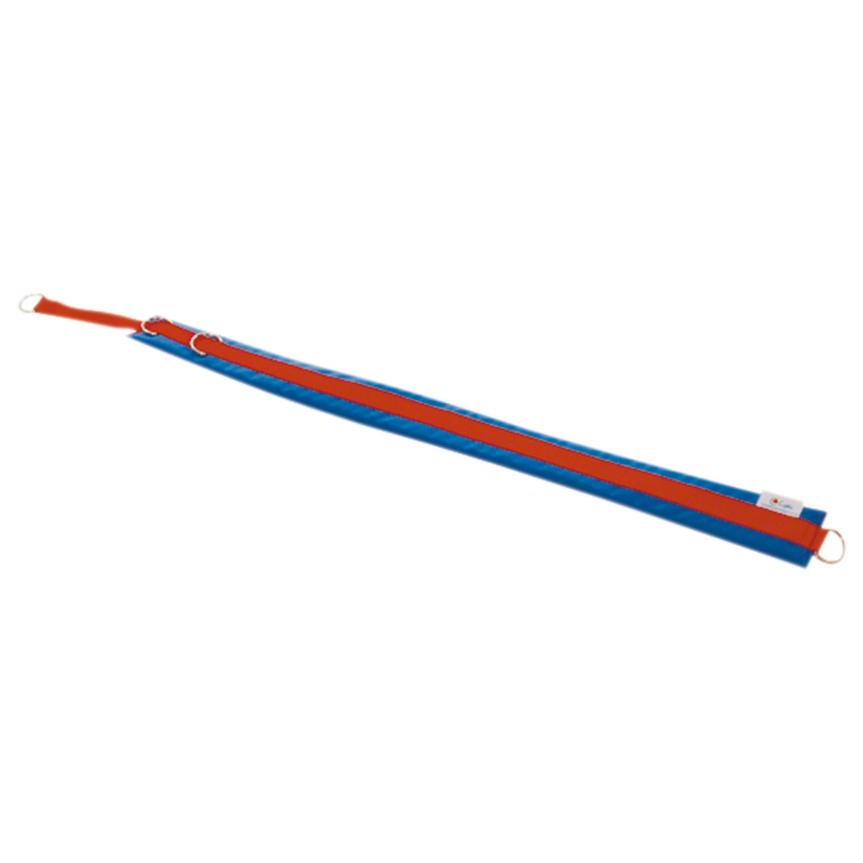 A long, blue, padded strap for cable machine exercises, featuring an orange centre stripe. Fitted with several metal rings and eyelets for attachment to the cable machine. Versatile for training and mobilisation of the pelvis, legs and shoulders.