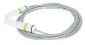 Cavo di collegamento grigio, avvolto a spirale, con due connettori bianchi alle estremità. Ciascun connettore presenta sottili anelli colorati in blu e verde chiaro. Collegamento per elettrodi adesivi PHYSIOPADS, compatibile con i dispositivi PHYSIOMED.
