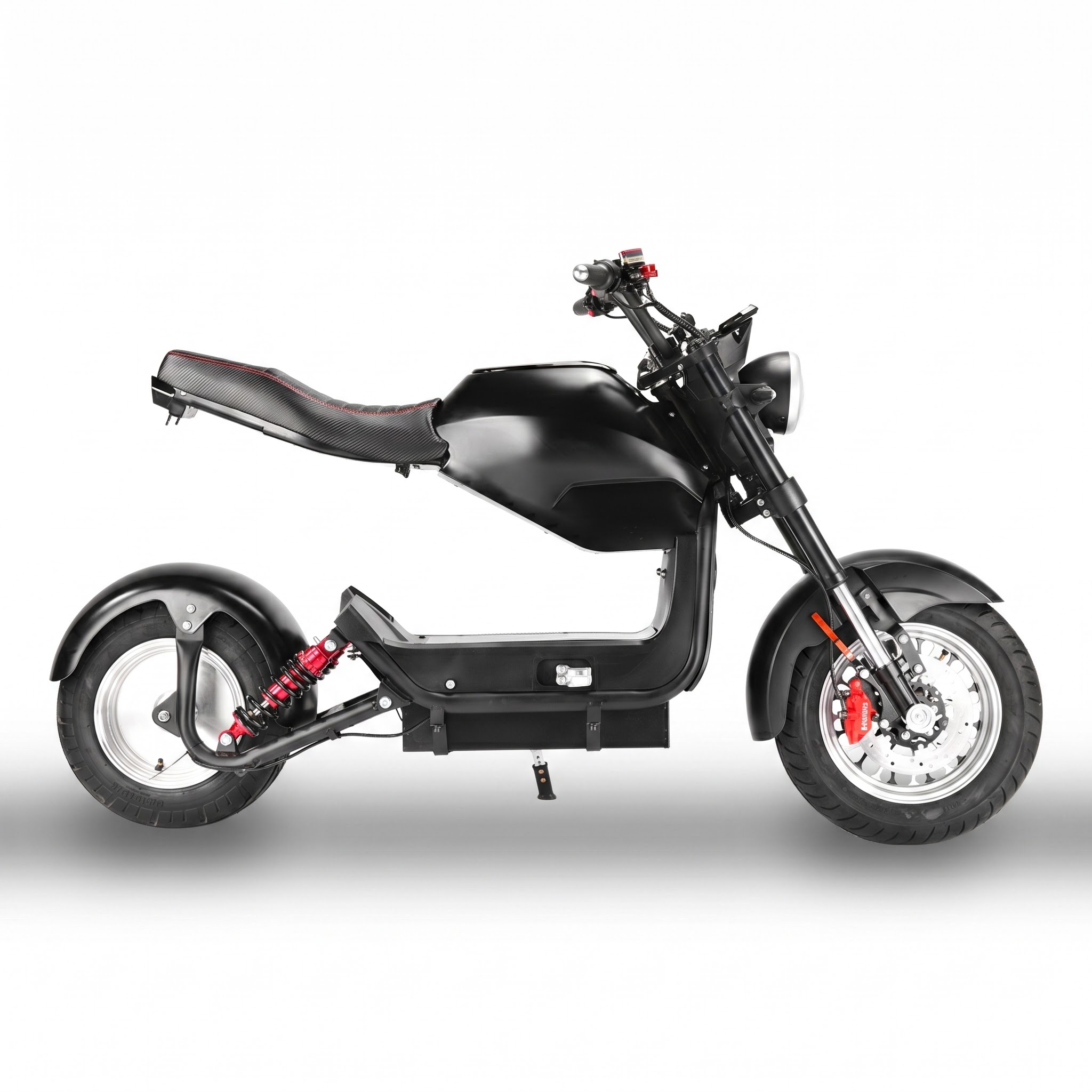 Black electric scooter in a striking chopper design, shown from the side against a white background. Wide tyres, padded single seat with red stitching, red accents on the front and rear suspension. Disc brakes with red calipers. Round headlight.