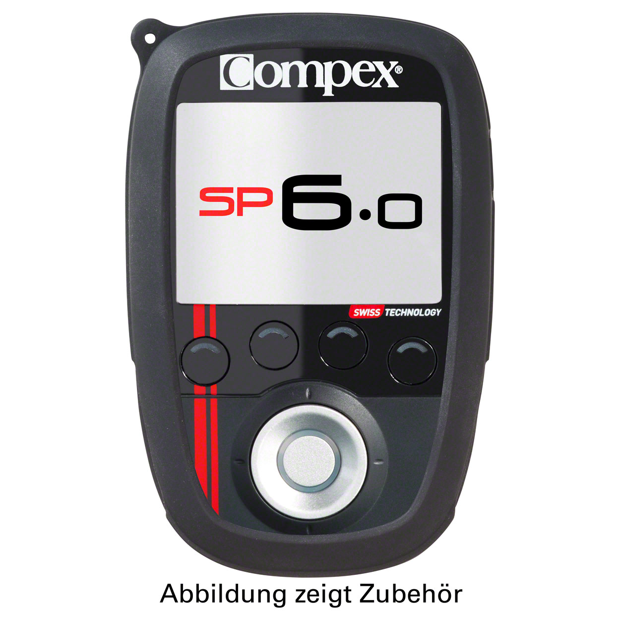 Black, form-fitting protective case for a Compex SP 6.0 electrostimulation device. Encloses the device whilst leaving the ‘SP 6.0’ display and control buttons exposed; decorated with red stripes. Provides optimum protection against damage.