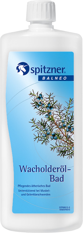Flacon haut et blanc du bain à l’huile de genévrier « Balneo » de Spitzner, avec étiquette bleue. Illustration : branche aux aiguilles vertes et baies bleu foncé. Bain nourrissant, soulage douleurs musculaires et articulaires.