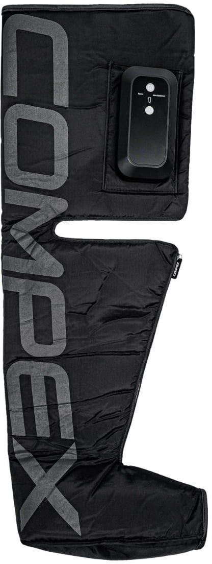 Black ‘Compex’ Ayre compression boot, laid out flat; ergonomically designed for the leg with a knee cut-out. Grey ‘Compex’ lettering in vertical orientation. Integrated wireless control unit with display and buttons in a pocket at top right.