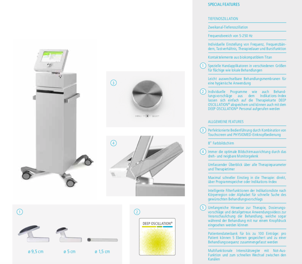 Apparecchio moderno ed elegante per oscillazione profonda Evident di PHYSIOMED, grigio chiaro, su rotelle, con touchscreen ribaltabile in alto, manopola argentata e snodo flessibile monitor. In basso: 3 applicatori manuali 9,5/5/1,5 CM.